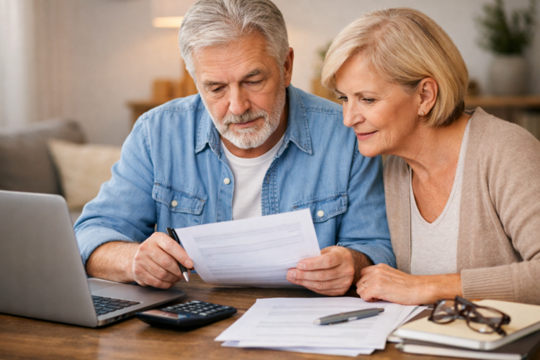 Pareja de Adultos verificando sus finanzas.